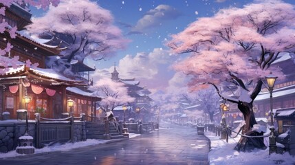 Traditional Japanese architecture in snowy landscape with cherry blossoms. Winter evening in historic town. Culture and heritage.