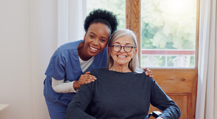 Senior care, caregiver and old woman with wheelchair, portrait and smile in health at nursing home....