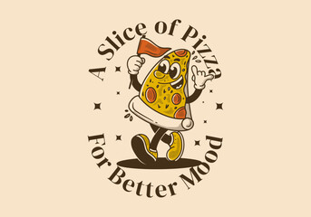 A slice of pizza for better mood. Mascot character illustration of walking pizza, holding a flag