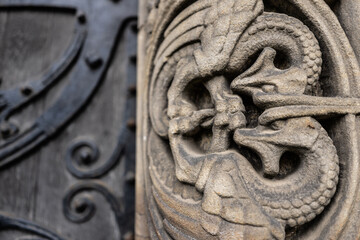 carved dragon figures on a doorway at St. Mary's Episcopal Cathedral, Edinburgh