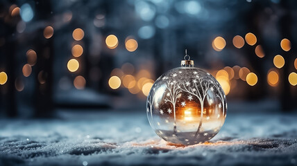 Christmas decor glass ball in the snow on a blurred background of lights in a blue snowy night. Design ai