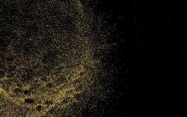 Fototapeta na wymiar Small size yellow Sand flying explosion, gold cheese sands grain wave explode. Abstract cloud fly. Yellow colored sand splash throwing in Air. black background Isolated high speed shutter, throwing