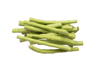 Chopped Long yard bean fly explosion, Cut green long beans for food cooking float in air. Raw slice long yard bean throw in mid air as food material. White background isolated high speed freeze motion