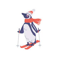 Obraz premium Cute penguin wearing scarf and skiing, vector illustration isolated on white.