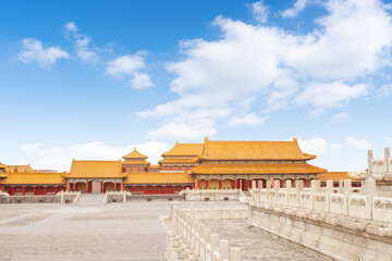 Fototapeta na wymiar View of palace in Forbidden city against blue sky in Beijing 