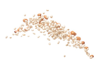Mix white peanut beans fall down explosion, several kind bean float explode, abstract cloud fly. Dried white peanut mixed beans splash throwing in Air. White background Isolated high speed shutter