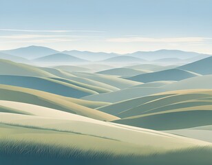 Serene Landscape created with Generative AI technology. This image features a serene landscape with rolling hills and a clear blue sky. The muted color palette and soft textures create a sense of calm