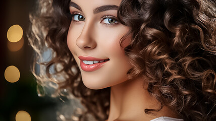 Fototapeta premium Close up Face of beautiful mixed race woman smiling with white teeth. Portrait of a woman's face with brown eyes and freckles posing with copy-space. Dental health and oral hygiene