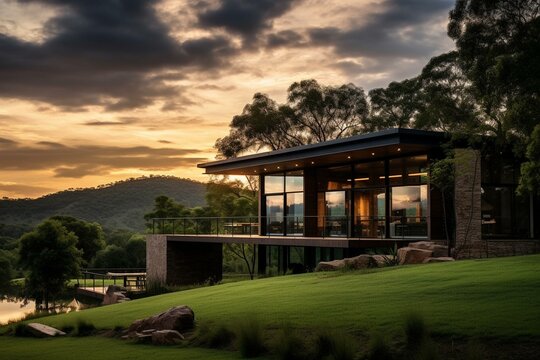Contemporary home surrounded by nature, captured in a stunning photograph. Generative AI