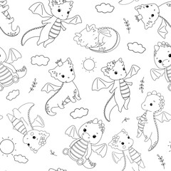 Seamless pattern with cute dragon with crown on white background. Outline vector cartoon character. Childish line illustration