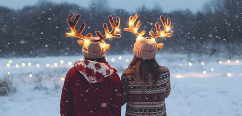 people wearing santa christmas sweater and reindeer antlers headband - obrazy, fototapety, plakaty