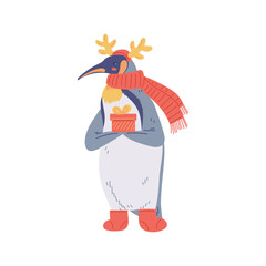 Penguin with funny antlers and a gift, vector illustration, isolated.