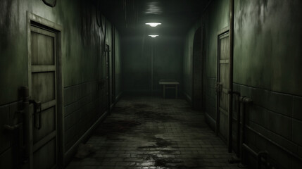 Fototapeta na wymiar Eerie dimly-lit hallway with aging walls.