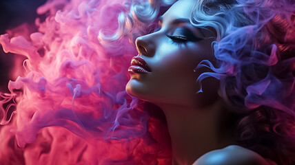 Mysterious sensual woman with bright make-up, shrouded in a background of colored smoke. Ai design