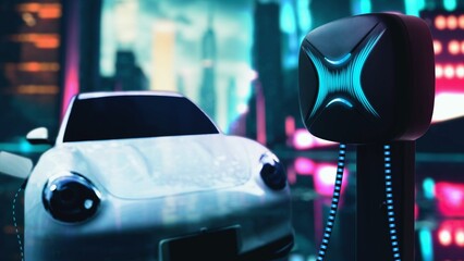 Electric car plugged in with charging station to recharge battery with electricity by EV charger cable in dark blue futuristic cyberpunk city night . Innovative ev car and energy sustainability.Peruse
