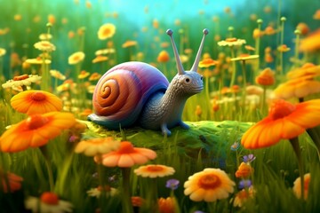 Obraz na płótnie Canvas Comical snail amidst blooming springtime flowers on a grassy field. Generative AI