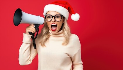 shock woman using  megaphone and wearing santa claus hat and sunglass.christmas sale - obrazy, fototapety, plakaty