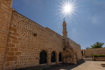 Mor (Purple) Hobil Mor Abrohom Monastery. Depending on the Midyat district of Mardin in Turkey. Monastery entrance gate and religious symbols