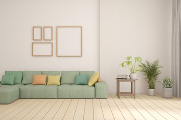 White living room with sofa. Scandinavian interior design. 3D illustration