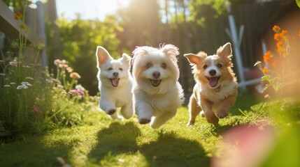3 golden retriever puppy running outdoor 
