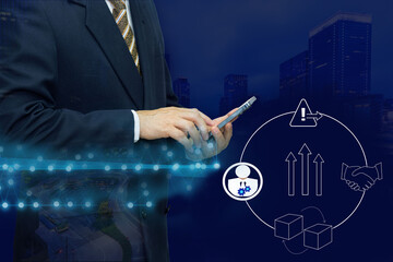 Businessman use mobile phones to analyze product data in the same industry. With Internet...