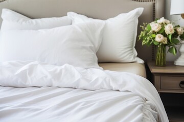 a comfortable and inviting bed with crisp white sheets and a fluffy pillow, Clean and uncluttered bedroom. Comfort and relax concept.