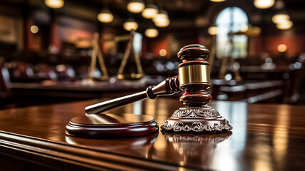 Court of Law and Justice Trial Session: Imparcial Honorable Judge Pronouncing Sentence, striking Gavel. Focus on Mallet, Hammer. Cinematic Shot of Dramatic Not Guilty Verdict. Close-up Shot.