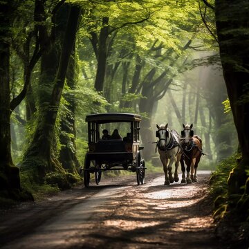 realistic photo of a horse-drawn carriage, running among the trees. generative ai