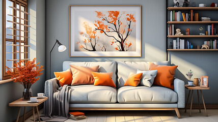 Cozy autumn winter living room interior with gray sofa and bright pillows