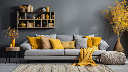 Cozy autumn winter living room interior with gray sofa and bright pillows