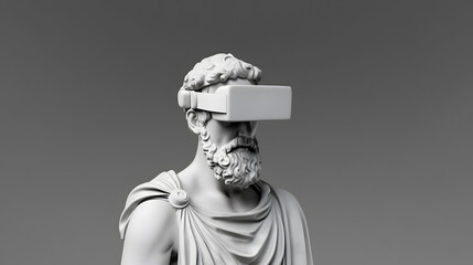 Greek man statue with MR headset isolated on grey background.