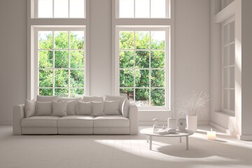 Grey living room concept with sofa and summer landscape in window. Scandinavian interior design. 3D illustration