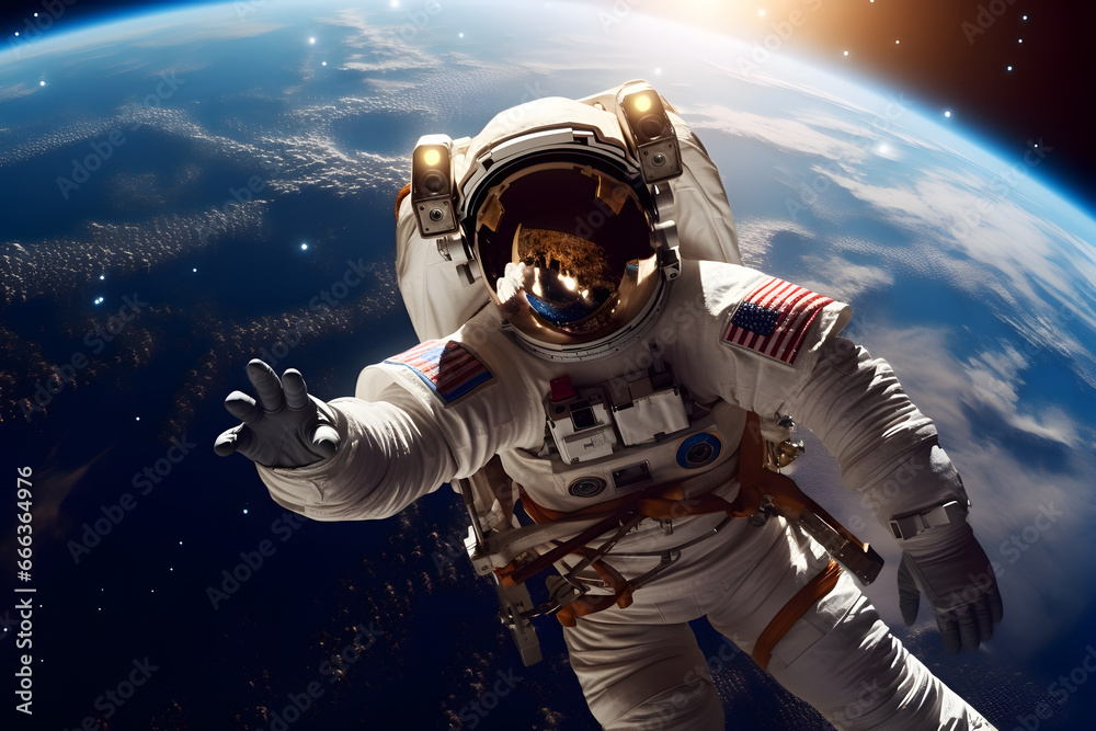 Wall mural spaceman or astronaut floating in the space with background of earth