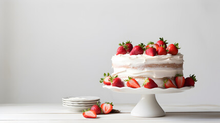 Strawberry birthday cake on white background