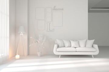 Grey interior desigh concept with furniture. 3D illustration