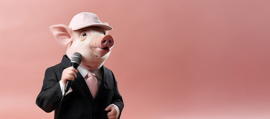 Stylish pig singing with microphone isolated on pink background