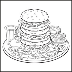 hamburger with cheese, black and white sketch design
