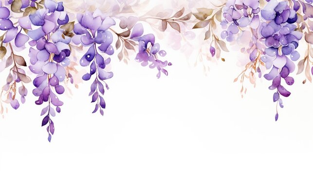 Watercolor wisteria with gold leaves, frame on white background with copy space