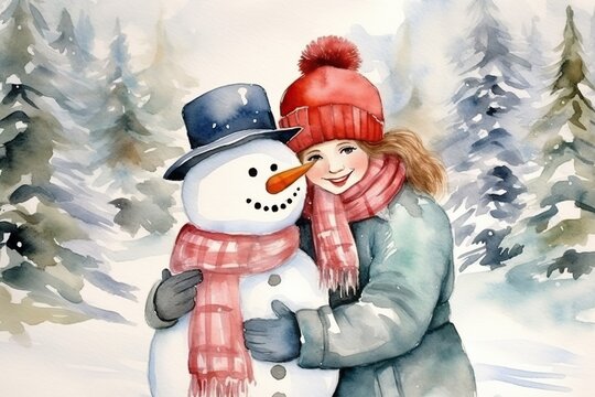 Watercolor postcard with happy girl and snowmen in a snowy forest. Cute Character