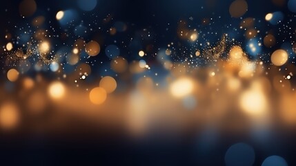 An abstract background featuring dark blue and golden particles. Christmas golden light shines,...