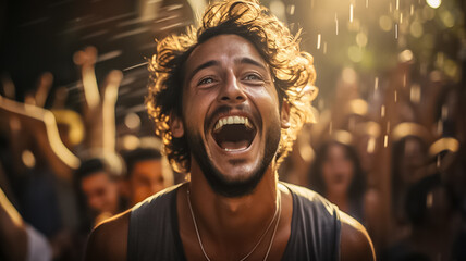 crowded group of young people dancing cheering and celebrating on a summer festival outside in the day time. laughig screaming and being happy and having fun.  holi fest colorful splashes.Generative 