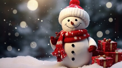 Figurine of a New Year's snowman with Christmas gifts on a wooden background