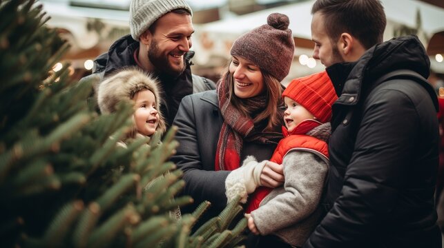 Happy Family With Children And Parents Choose A New Year's Tree At The Christmas Tree Market.