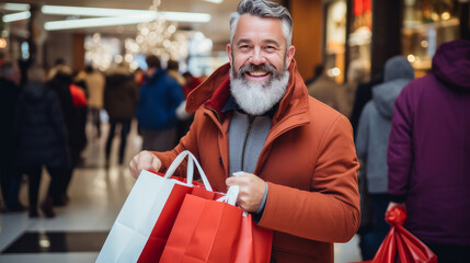 Smiling middle aged man with Christmas gifts in shopping bags in a shopping mall. Christmas sale concept