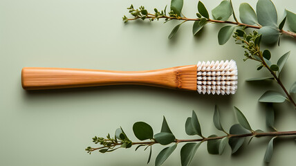Eco-friendly bamboo toothbrushes and eucalyptus leaf on green background. Natural organic bathroom...