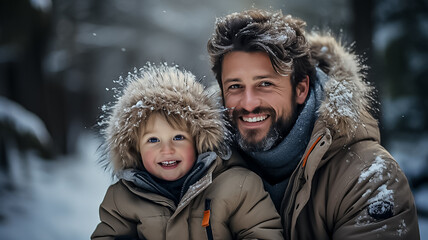Obraz premium Father playful with little son having fun together outdoor on frosty day, happy dad and kid playing in winter park, enjoying snowy weather, actively spending New year holidays on fresh air