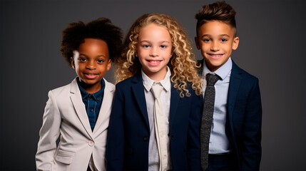 grupo de niños de diferentes razas vestidos de manera elegante en una foto de estudio  - obrazy, fototapety, plakaty