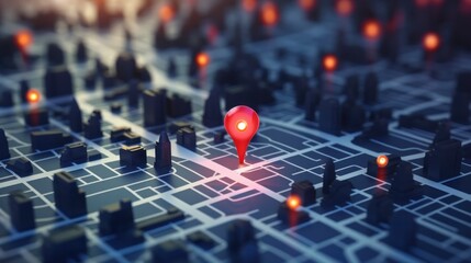 3D Map travel location. Locator mark of map and location pin or navigation icon sign on background with search. 3D rendering.