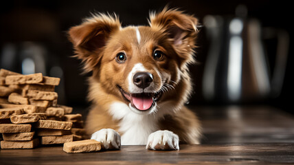 Funny cute little puppy standing by a wooden table with pile of dog biscuit treats. Happy portrait of dog with dog cookies and copy space - obrazy, fototapety, plakaty