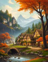 Nature's enchanting old village: grandeur in towering trees, autumn nostalgia, high-quality artistry, creative masterpiece.